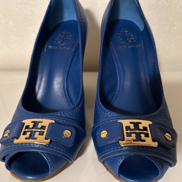 TORY BURCH Natalya Sz 7 Blue Pebbled Leather Wedge Open Toe Shoes - Picture 5 of 6